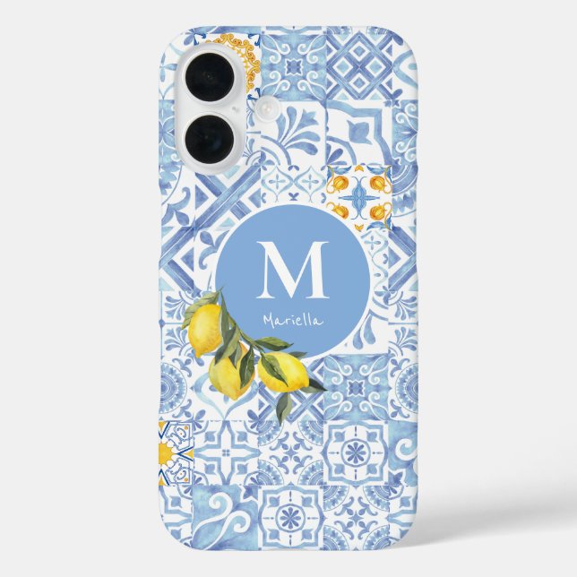 Lemon fruit monogram, blue tile Case-Mate iPhone case (Back)