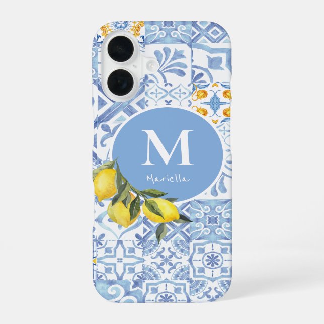 Lemon fruit monogram, blue tile iphone case (Back)