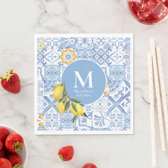 Lemon fruit monogram, blue tile napkins (Insitu)