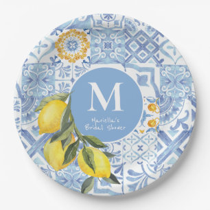 Lemon fruit monogram, blue tile paper plates