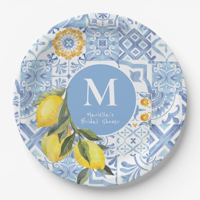 Lemon fruit monogram, blue tile paper plates (Front)