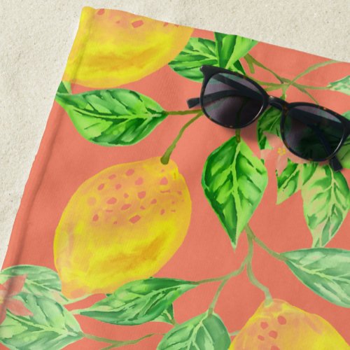 Lemon fruit pattern yellow and peach pink beach towel