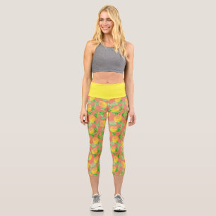 Lemon fruit pattern yellow and peach pink capri leggings