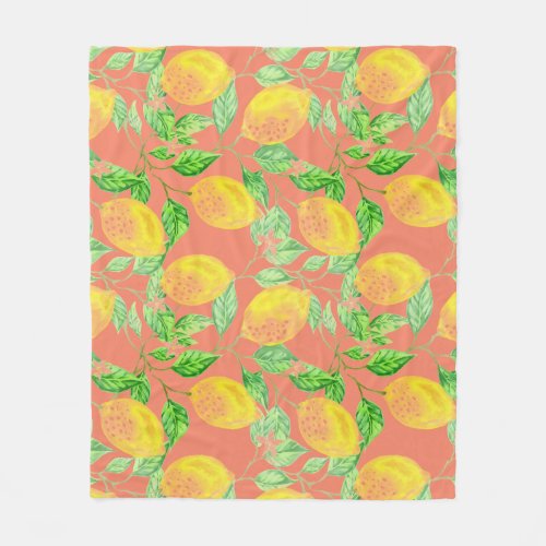 Lemon fruit pattern yellow and peach pink fleece blanket