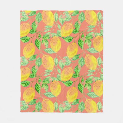 Lemon fruit pattern yellow and peach pink fleece blanket