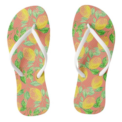 Lemon fruit pattern yellow and peach pink flip flops