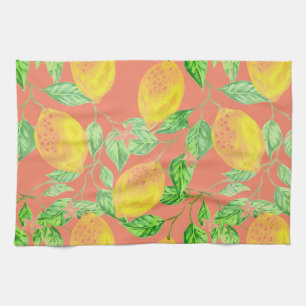 Lemon fruit pattern yellow and peach pink kitchen towel