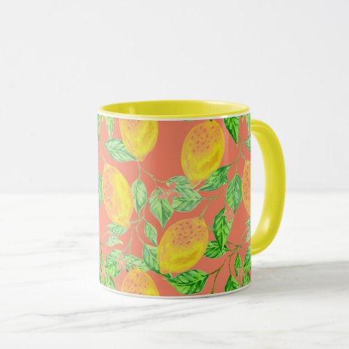 Lemon fruit pattern yellow and peach pink mug