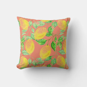 Lemon fruit pattern yellow and peach pink throw pillow