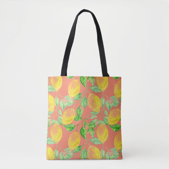 Lemon fruit pattern yellow and peach pink tote bag (Front)