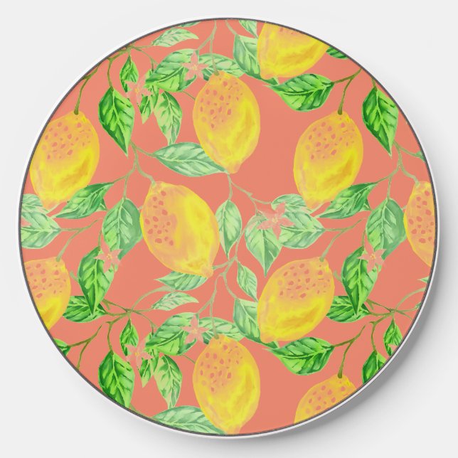 Lemon fruit pattern yellow and peach pink wireless charger  (Front)