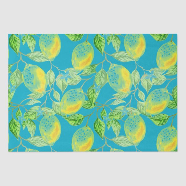 Lemon fruit pattern yellow blue green turquoise tissue paper (Front)