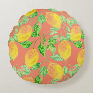 Lemon fruit pattern yellow peach pink vintage round pillow