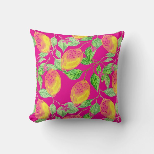 Lemon fruit pattern yellow pink and green throw pillow (Front)