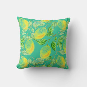Lemon fruit pattern yellow turquoise and green throw pillow