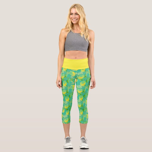 Lemon fruit pattern yellow turquoise green capri leggings (Front)