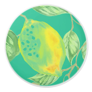 Lemon fruit pattern yellow turquoise green ceramic knob