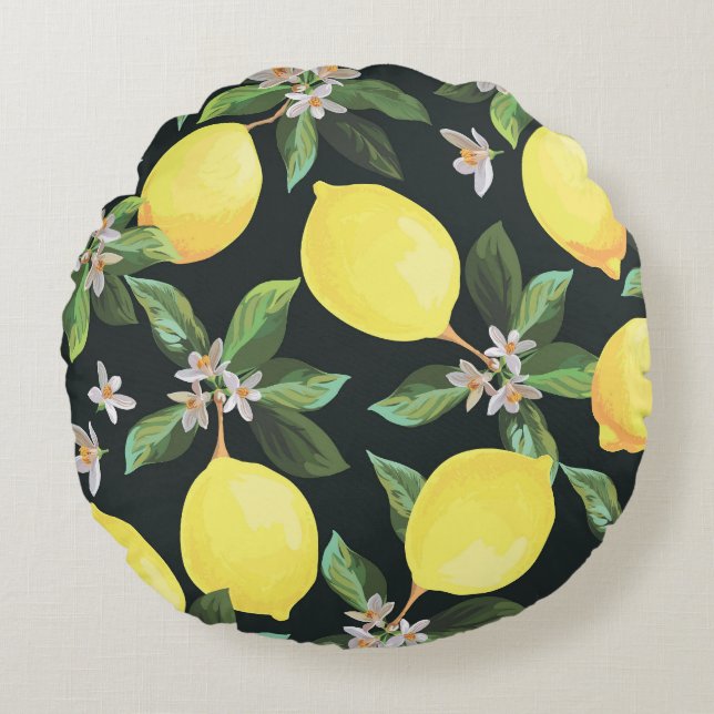 Lemon Fruit: Seamless Pattern Design Round Pillow (Front)