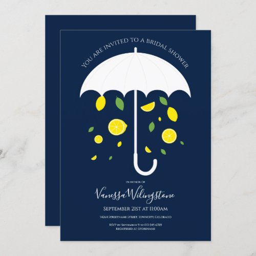 Lemon Fruit Umbrella Blue White Bridal Shower Invitation