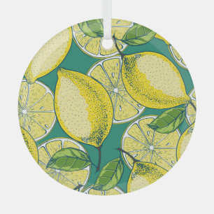 Lemon Fruit Vintage Seamless Illustration Glass Ornament