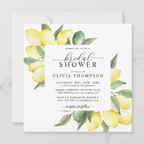 Lemon Fruit Watercolor Elegant Boho Bridal Shower Invitation