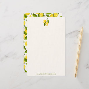 Lemon Fruit Watercolor Pattern Personalized Name Stationery