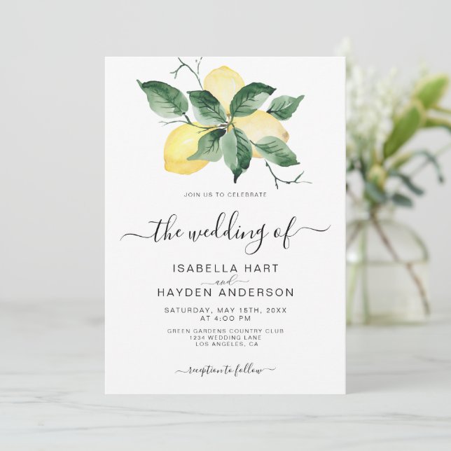 Lemon Fruit Yellow Garden Summer Greenery Wedding Invitation (Standing Front)