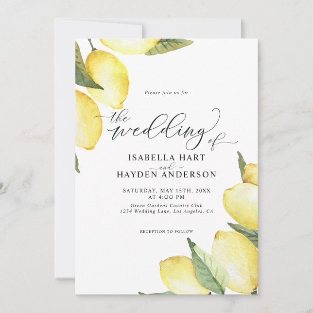 Lemon Fruit Yellow Summer Garden Wedding Invitation (Front)