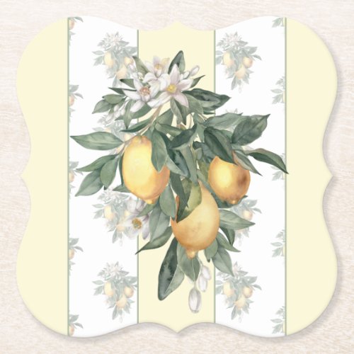 Lemon Fruit  Yellow  White Striped Paper Coaster