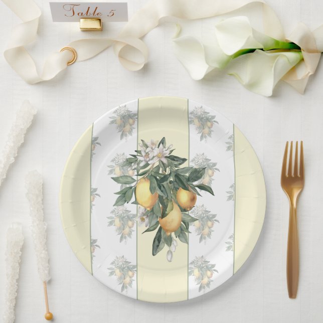 Lemon Fruit | Yellow & White Striped Paper Plates (Wedding)
