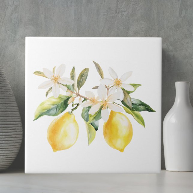 Lemon Fruits and White Flowers Tree Branch Ceramic Tile (Close up)