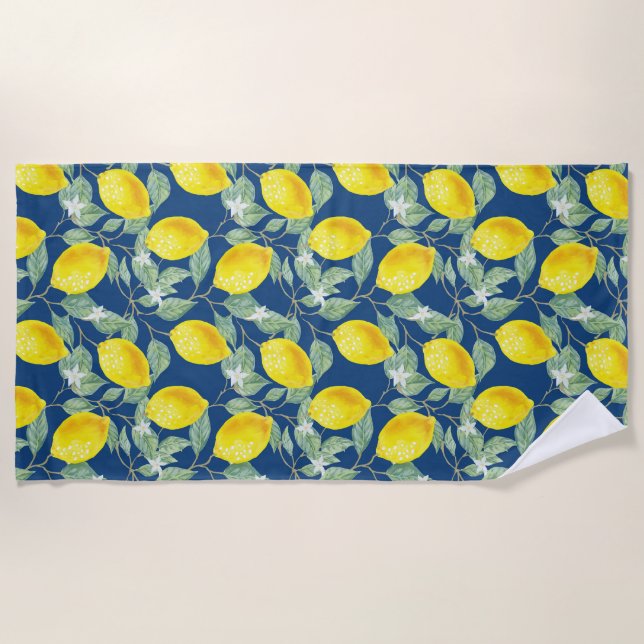 LEMON FRUITS IN COUNTRY BLUE BEACH TOWEL (Front)