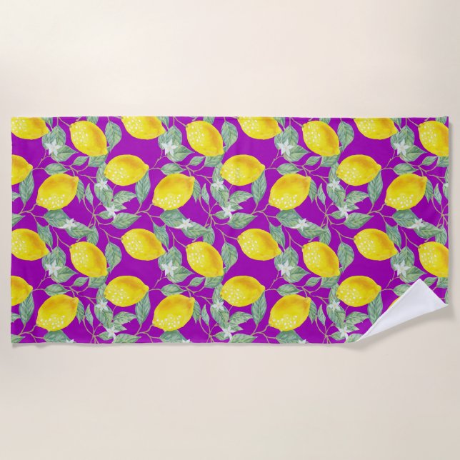 LEMON FRUITS IN PURPLE BACKGROUND BEACH TOWEL (Front)
