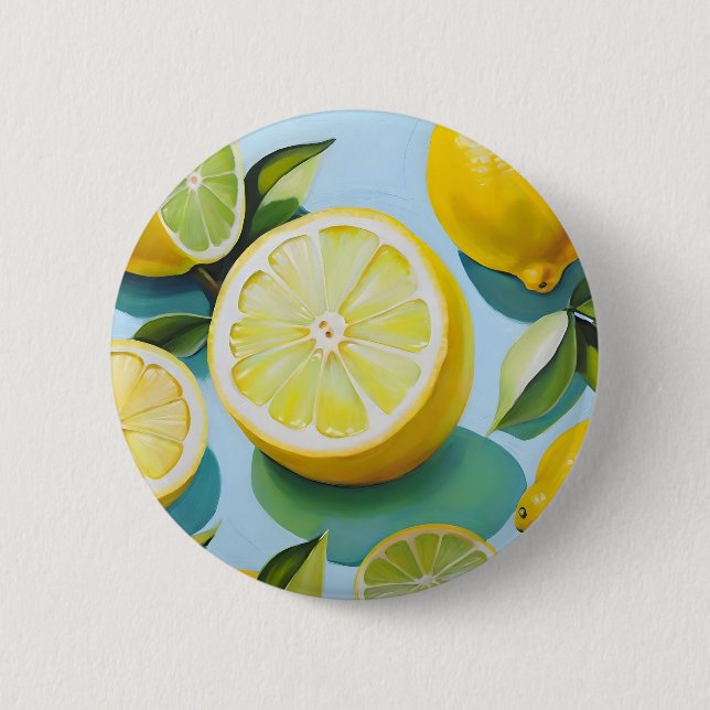 Lemon fruits on blue button (Front)