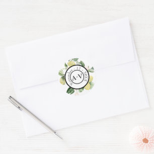 Lemon Garden Floral Monogram White Wedding Classic Round Sticker