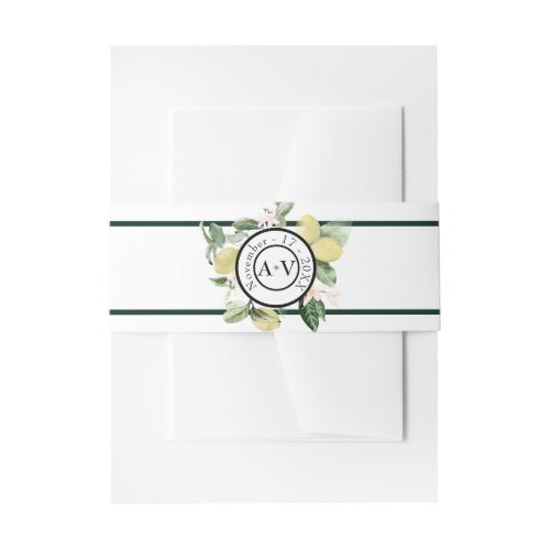 Lemon Garden Floral Monogram White Wedding Invitation Belly Band
