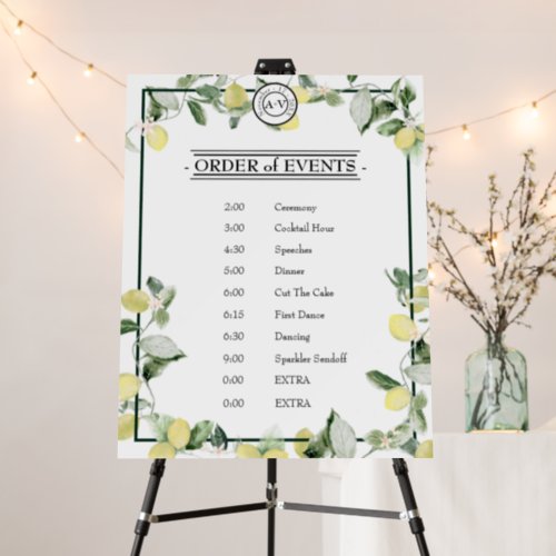 Lemon Garden Floral White Wedding Order of Events Foam Board