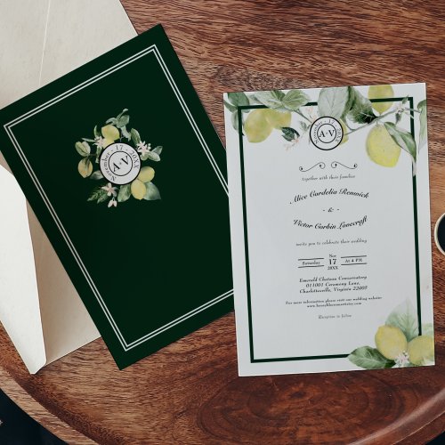 Lemon Garden Monogram White Wedding Casual Invitation