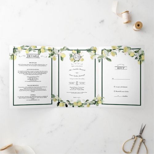 Lemon Garden Monogram White Wedding Casual Tri_Fold Invitation