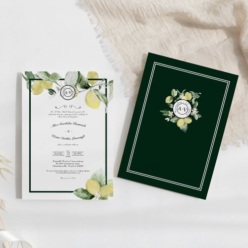 Lemon Garden Monogram White Wedding Formal Invitation