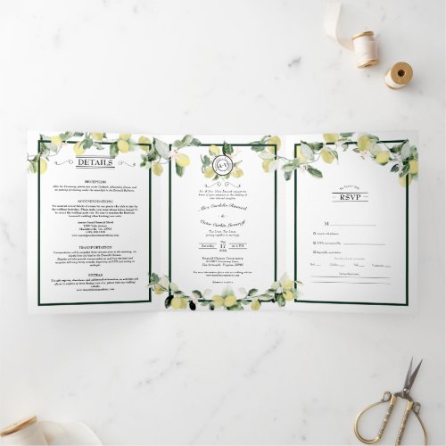 Lemon Garden Monogram White Wedding Formal Tri_Fold Invitation