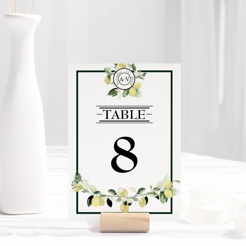 Lemon Garden Monogram White Wedding  Table Number
