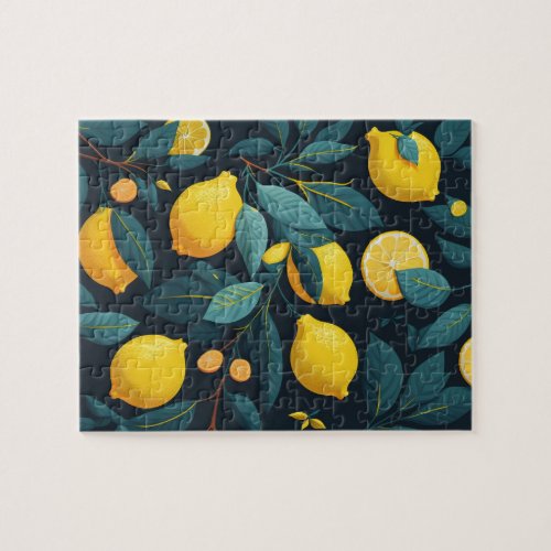 Lemon garden pattern Yellow tropical citrus fruit Jigsaw Puzzle