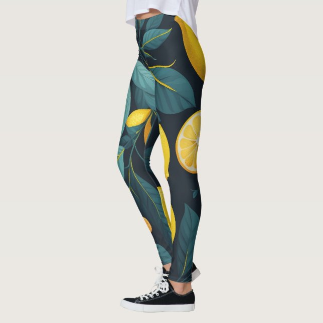 Lemon garden pattern. Yellow tropical citrus fruit Leggings (Left)