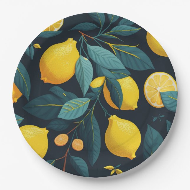 Lemon garden pattern. Yellow tropical citrus fruit Paper Plates (Front)