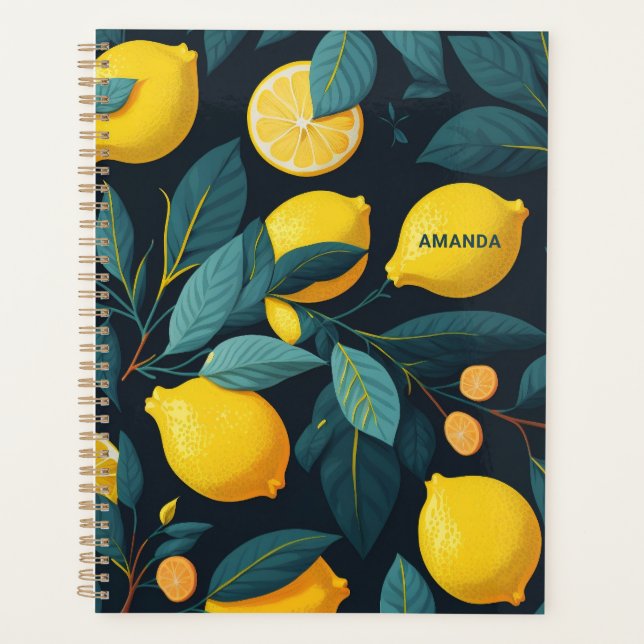 Lemon garden pattern. Yellow tropical citrus fruit Planner (Front)