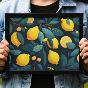 Lemon garden pattern. Yellow tropical citrus fruit Poster