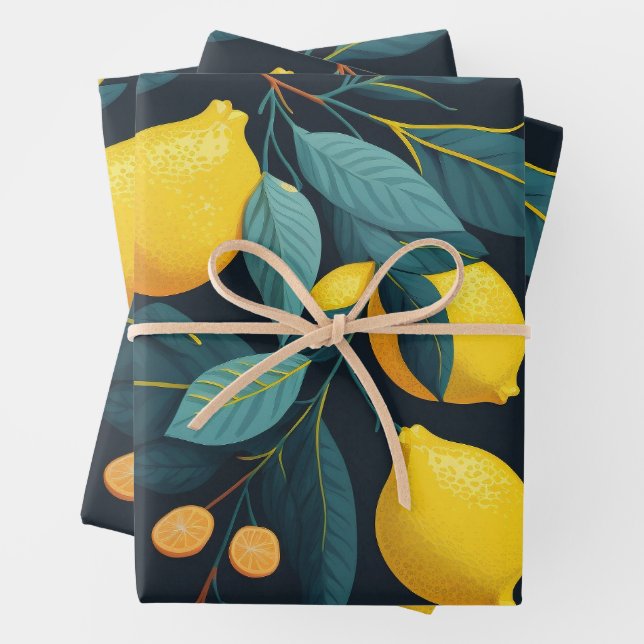 Lemon garden pattern. Yellow tropical citrus fruit Wrapping Paper Sheets (In situ)