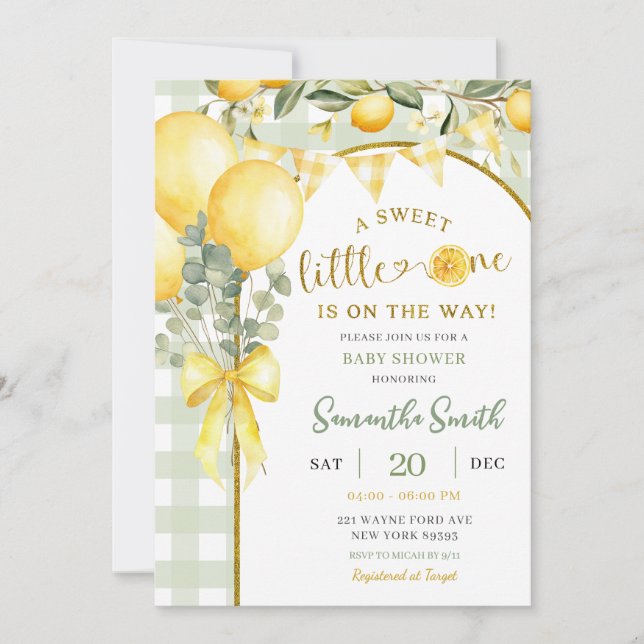 Lemon Gingham baby shower invitation (Front)