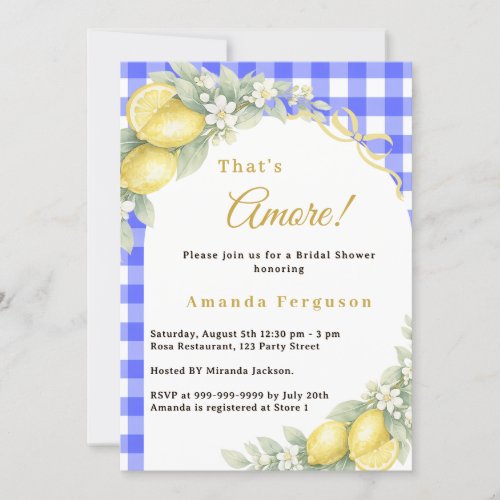 Lemon gingham blue italian amore bow Bridal Shower Invitation